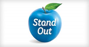 Blue apple illustration with the words "Stand Out" written on the apple